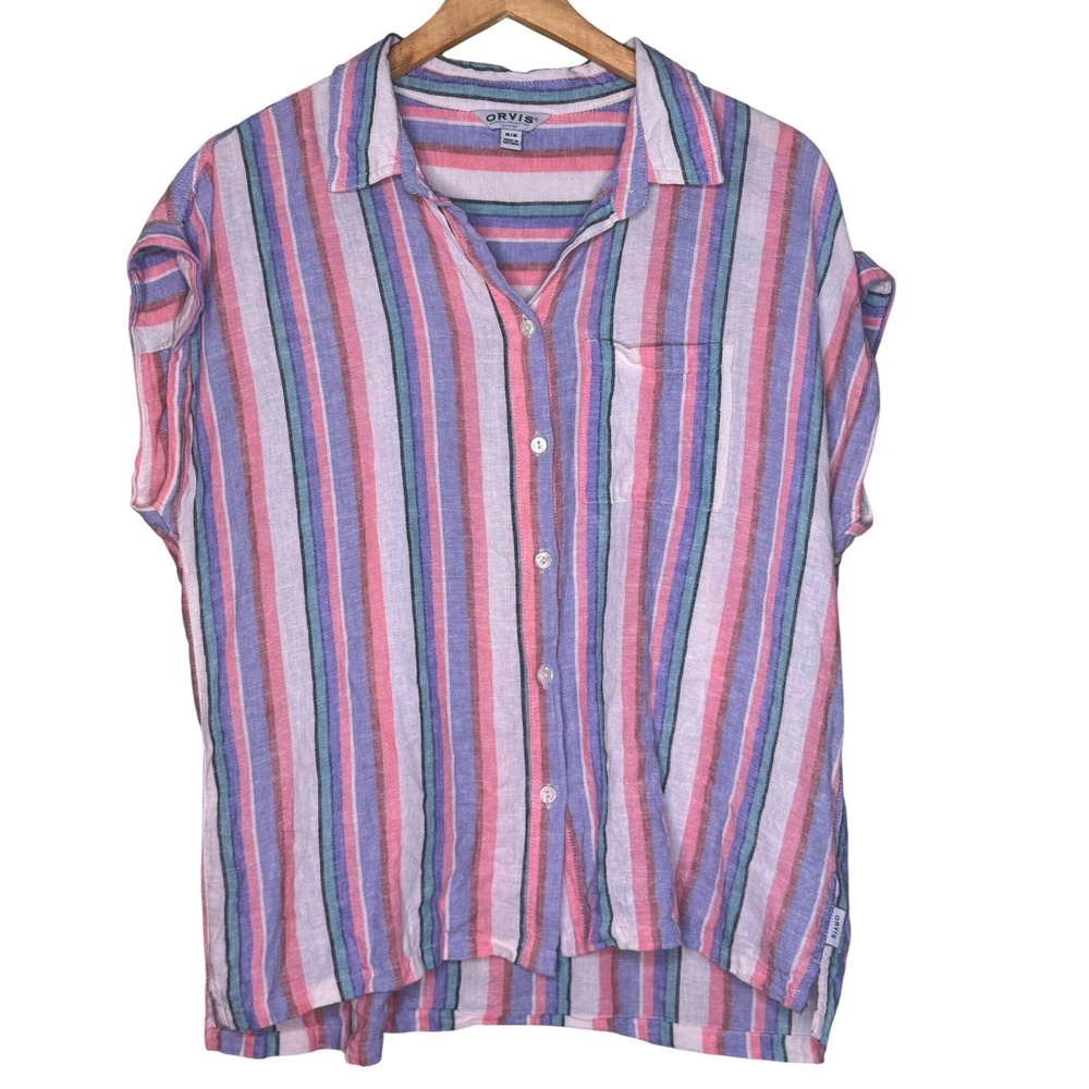 Orvis Womens Pink Purple Striped Linen Blend Short Sleeve Button Down Shirt M‎